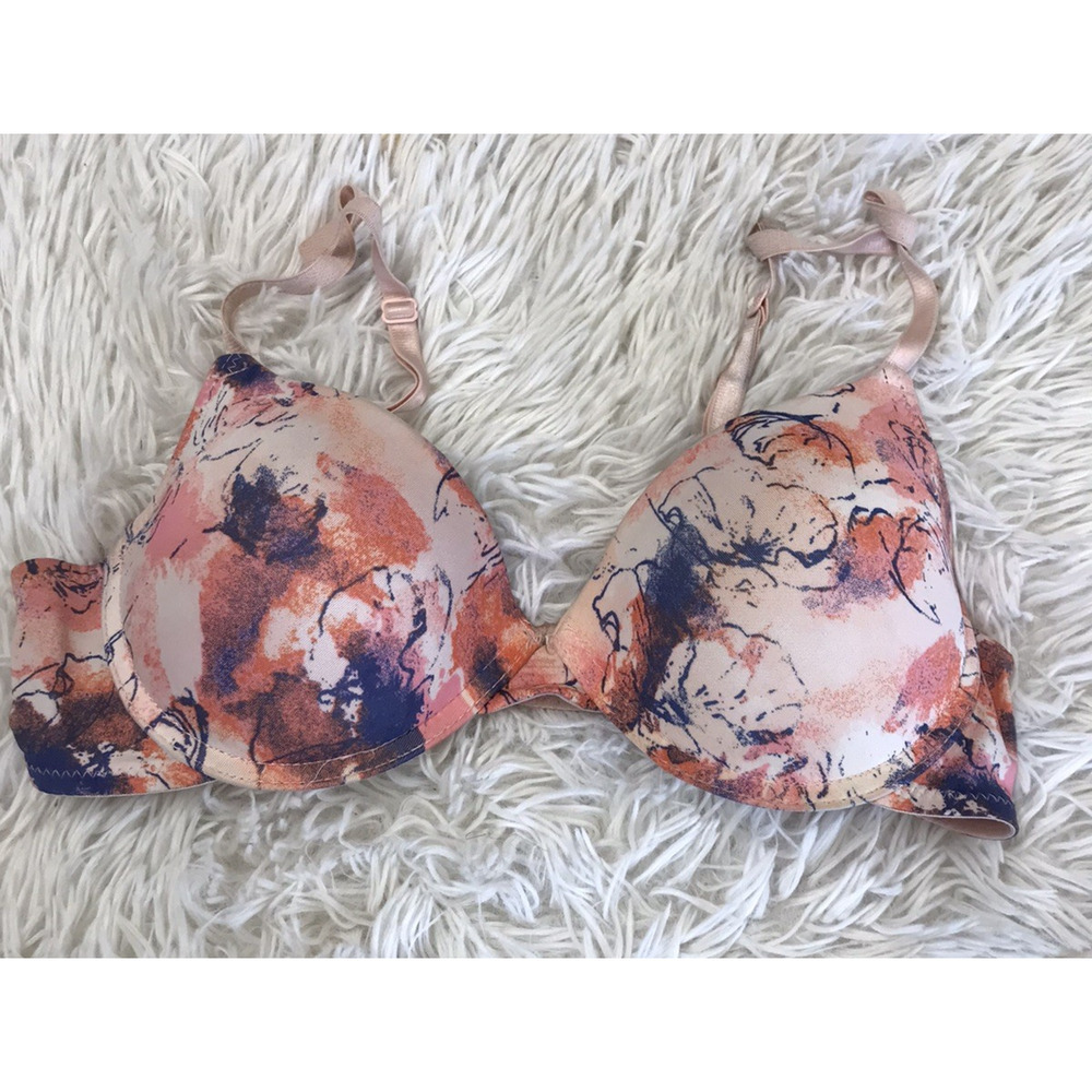 Pre-Owned Lightly Pushup Bra 36B Floral Lightly Padded Flowers multicolor Pink
